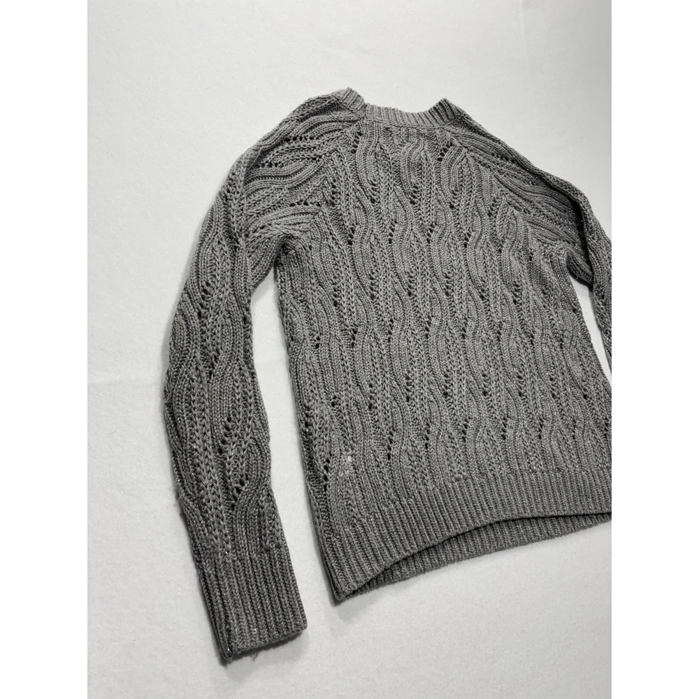 Lucky Brand Sweater Womens Small Gray Open Knit Crew Neck Raglan Glitter Alpaca - Picture 12 of 13